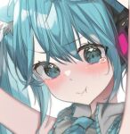  1girl animal_ears armpits arms_up artist_request bare_arms bare_shoulders blue_eyes blue_hair blue_neckwear blush cat_ears closed_mouth collared_shirt commentary_request dress_shirt eyebrows_visible_through_hair frilled_shirt_collar frills grey_shirt hair_between_eyes hatsune_miku headphones lowres necktie no_detached_sleeves portrait shirt simple_background sleeveless sleeveless_shirt solo tears twintails vocaloid white_background 