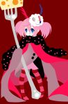  bad_id blue_eyes cape charlotte_(madoka_magica) cheese fork mahou_shoujo_madoka_magica mask pantyhose personification pink_hair s20 short_twintails simple_background sleeves_past_wrists solo striped striped_legwear twintails 