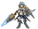  adapted_costume armor armored_dress asymmetrical_clothes asymmetrical_clothing bare_shoulders blue_eyes blue_hair boots cape gauntlets kiarino magical_girl mahou_shoujo_madoka_magica miki_sayaka no_nose shield short_hair simple_background solo sword weapon white_background 