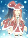  back-to-back bad_id blue_hair blush boots brown_hair closed_eyes detached_sleeves eyes_closed fur_trim hands hat idolmaster kisaragi_chihaya komi_zumiko long_hair minase_iori multiple_girls outstretched_arms santa_hat thigh-highs thigh_boots thighhighs 