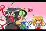  ahoge arms_up ascot asymmetrical_wings black_dress black_hair blonde_hair blush breast_envy breast_grab breasts chibi closed_eyes dress eyes_closed fang feiton flandre_scarlet green_hair hat heart heart_of_string houjuu_nue jealous komeiji_koishi letterboxed multiple_girls no_hat no_headwear open_mouth red_eyes shirt side_ponytail skirt smile surprised surprised_arms third_eye touhou wavy_mouth wings 