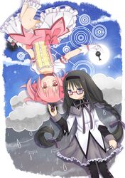  akemi_homura black_hair blush bow braid dress glasses gloves grief_seed hair_bow hairband kaname_madoka long_hair magical_girl mahou_shoujo_madoka_magica multiple_girls pantyhose pink_eyes pink_hair purple_eyes rain red-framed_glasses rotational_symmetry short_hair short_twintails silver15 skirt smile soul_gem spoilers sun twintails upside-down violet_eyes 