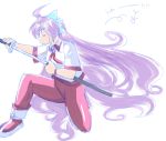  1girl absurdly_long_hair blush commentary_request gomamiso_sti long_hair miwajou original purple_hair simple_background solo sword weapon white_background 