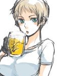  alcohol axis_powers_hetalia bad_id beer blonde_hair blue_eyes blush breasts cup genderswap germany_(hetalia) glass gloves large_breasts looking_at_viewer lowres nishiyama_(whatsoy) shirt short_hair simple_background sketch solo white_background 