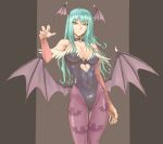  abs aqua_hair artist_request bare_shoulders bat bat_wings belt breasts choker cleavage collar delta5546 demon_girl elbow_gloves fingerless_gloves fingernails gloves green_eyes head_wings highres large_breasts leotard long_fingernails long_hair long_nails low_wings morrigan_aensland nail_polish outstretched_hand pantyhose print_pantyhose shiny shiny_clothes skin_tight solo succubus thigh_gap thighs vampire_(game) wings 