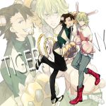  anger_vein animal_ears barnaby_brooks_jr blonde_hair boots brown_hair bunny_ears bunny_tail facial_hair glasses gloves green_eyes jacket jewelry kaburagi_t_kotetsu kemonomimi_mode male multiple_boys necklace necktie paw_gloves r-01 red_eyes red_jacket short_hair standing_on_one_leg stubble tail tiger_&amp;_bunny tiger_ears tiger_tail vest waistcoat zoom_layer 