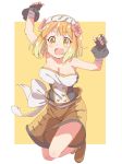  1girl :d absurdres blonde_hair blush breasts endro! fai_fai fingerless_gloves gloves hairband highres jumping karahai_(31448823) large_breasts multicolored_hair open_mouth short_hair shorts simple_background smile solo spiked_knuckles strapless two-tone_hair yellow_eyes 