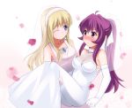  bare_shoulders blush bride carrying dress elbow_gloves gloves hevn long_hair multiple_girls princess_carry sugiura_ayano toshinou_kyouko wedding wedding_dress wink yuri yuru_yuri 