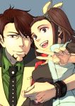 age_difference bow bracelet brown_eyes brown_hair father_and_daughter flops hair_bow jewelry kaburagi_kaede kaburagi_t_kotetsu necktie ring short_hair side_ponytail stubble tiger_&amp;_bunny v vest waistcoat watch wedding_band wristwatch 