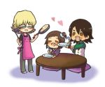  age_difference barnaby_brooks_jr blonde_hair brown_hair chibi facial_hair father_and_daughter food fried_rice frying_pan glasses happy heart kaburagi_kaede kaburagi_t_kotetsu ladle lowres plate side_ponytail stubble table tiger_&amp;_bunny 