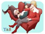  arm_rest barnaby_brooks_jr blonde_hair blue_eyes brown_eyes brown_hair cabbie_hat couch crossed_legs facial_hair glasses hat hat_removed headwear_removed highres holding holding_hat jacket jewelry kaburagi_t_kotetsu legs_crossed male multiple_boys necklace necktie red_jacket short_hair sitting stubble tiger_&amp;_bunny vest waistcoat yura_(ub4u) 