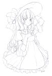  blunt_bangs dress gloves hand_on_hat hands hat hat_ribbon highres lineart lolita_fashion long_hair monochrome original payot ribbon solo yadamon_(neverland) 