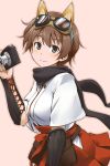  animal_ears armor black_eyes blush brown_hair camera character_request goggles japanese_clothes katou_keiko scarf simple_background smile solo strike_witches youkan 