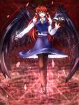 alternate_wings bad_id black_wings book dress_shirt feathers hair_ribbon head_wings highres koakuma long_hair long_sleeves magic_circle necktie open_book pantyhose pointy_ears red_eyes red_hair redhead ribbon shirt skirt solo the_embodiment_of_scarlet_devil touhou vest wings yanagi_ryou 