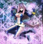  boots breasts cleavage cleavage_cutout glasses gloves hair_intakes hexagram highres kneeling large_breasts long_hair magic magic_circle midriff navel pink_hair preza red_eyes sibata solo sparkle tail tales_of_(series) tales_of_xillia 