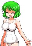  breasts closed_eyes eyes_closed green_hair impossible_clothes impossible_clothing impossible_swimsuit kazami_yuuka mono1192000 mono_(moiky) one-piece_swimsuit open_mouth school_swimsuit short_hair smile solo swimsuit touhou white_school_swimsuit youkai 