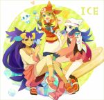  3girls bad_id bad_pixiv_id bandana beanie big_hair blue_hair boots brown_hair cup dawn_(pokemon) eating food gloves green_eyes hair_ornament hairclip hat ice_cream ice_cream_cone iris_(pokemon) may_(pokemon) multiple_girls pink_footwear piplup pokemon pokemon_(creature) popsicle purple_hair scarf shito shito_(008_xx1) skirt themed_object twintails two_side_up vanillite watch wristwatch yellow_eyes 