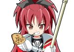  1girl captain_marvelous chirorian cosplay crossover female food gokai_red kaizoku_sentai_gokaiger mahou_shoujo_madoka_magica parody pocky sakura_kyouko simple_background solo super_sentai taiyaki wagashi white_background 