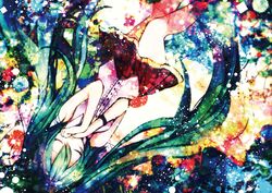  abstract bad_id blue_hair closed_eyes eyes_closed green_hair hatsune_miku long_hair sazanami_shione skirt solo twintails very_long_hair vocaloid 