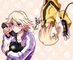  bruce_lee&#039;s_jumpsuit bruce_lee's_jumpsuit finger_to_mouth green_eyes haruka_(siaru) huang_baoling ivan_karelin jacket letterman_jacket male phone purple_eyes purple_jacket short_hair sky_high tiger_&amp;_bunny upside-down violet_eyes yellow_eyes 