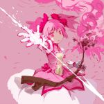  arrow bad_id bow bow_(weapon) bubble_skirt choker gloves hair_bow kaname_madoka kasu magical_girl mahou_shoujo_madoka_magica pink pink_background pink_eyes pink_hair puffy_sleeves short_twintails solo twintails weapon white_gloves 