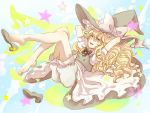  :d arms_up barefoot blonde_hair bloomers bow braid feet hair_bow hat hat_ribbon kirisame_marisa legs_up long_hair lying mild_kal on_back open_mouth ribbon shoe_dangle single_braid single_shoe smile solo star touhou witch witch_hat yellow_eyes 