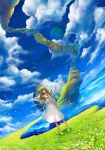  angel_wings barefoot blonde_hair chisaki chisaki_(sorajik) cloud dress dutch_angle flower grass long_hair moon original outstretched_hand sky solo standing sundress wings 