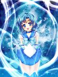  akao aqua_skirt arms_behind_back bishoujo_senshi_sailor_moon blue blue_eyes blue_hair boots bow brooch choker gloves highres jewelry magical_girl mizuno_ami pleated_skirt ribbon sailor_collar sailor_mercury short_hair skirt smile solo tiara 