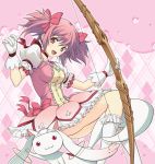  adult bow bow_(weapon) cover cover_page gloves hair_bow kaname_madoka kneehighs kyubey looking_at_viewer magical_girl mahou_shoujo_madoka_magica object_on_head open_mouth panties panties_on_head pink_eyes pink_hair puffy_sleeves ribbon short_twintails smile twintails underwear weapon white_gloves white_legwear yokota_mamoru 
