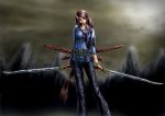  blue_eyes blush_response bracelet brown_hair chain chains chaps dual_wielding duplicate earrings jeans jewelry long_hair necklace original scabbard scarf sheath solo sword very_long_hair weapon 