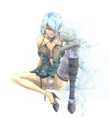  bandage bandages blue_hair braid breasts buckle bulge flower high_heels kaine_(nier) legs lingerie mintokun negligee nier panties ribbon shoes spread_legs thighs underwear yellow_eyes 