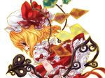  blonde_hair blush bow dutch_angle embellished_costume fang flandre_scarlet from_behind hat hat_bow jpeg_artifacts laevatein looking_back open_mouth red_eyes short_hair short_sleeves simple_background skirt skirt_set smile solo the_embodiment_of_scarlet_devil tm touhou white_background wings wrist_cuffs 