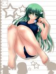  absurdres bare_shoulders barefoot collarbone feet frog green_eyes green_hair hair_ornament hair_tubes highres kochiya_sanae legs long_hair looking_at_viewer ngirln4 one-piece_swimsuit school_swimsuit sitting solo swimsuit touhou 