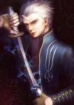  absurdres bad_id blue_eyes devil_may_cry devil_may_cry_3 fingerless_gloves gloves highres katana looking_at_viewer male senano-yu short_hair solo sword vergil weapon white_hair 