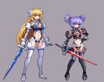  altines altrene armor bikini_armor blonde_hair blue_eyes blue_hair breasts busou_shinki cleavage doll_joints e79 hand_on_hip hips long_hair lowres multiple_girls navel pixel_art red_eyes sword thigh-highs thighhighs weapon 