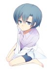  blue_eyes blue_hair dress_shirt from_above labcoat nakamura_kana nichijou off_shoulder piercing shirt short_hair sitting solo tuhut v_arms wariza 