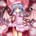  ascot bad_id bat_wings blue_hair blush bow brooch curtsey danmaku dress full_moon hat highres jewelry large_wings moon rasahan red_eyes red_moon remilia_scarlet ribbon short_hair skirt skirt_hold smile solo touhou wings wrist_cuffs 