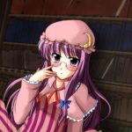  blush crescent glasses hat long_hair patchouli_knowledge purple_eyes purple_hair solo touhou violet_eyes yumi_(careca398) 