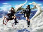  black_hair blue_eyes blush_response boots brown_hair cat cigarette cloud crossed_legs duplicate fingerless_gloves gloves goggles goggles_around_neck hand_in_pocket leather_jacket legs_crossed long_hair multiple_girls original riding shorts sitting sky smile wings 