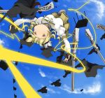  beret blonde_hair boots breasts detached_sleeves drill_hair gun hair_ornament hat large_breasts magical_girl magical_musket mahou_shoujo_madoka_magica pleated_skirt ribbon skirt solo taut_shirt tomoe_mami upside-down vertical-striped_legwear vertical_stripes weapon witch&#039;s_labyrinth witch's_labyrinth yellow_eyes zinger_(excess_m) zzinzinz 