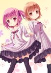  black_legwear brown_eyes brown_hair dress dress_lift footwear hair_ribbon kashii_airi minato_tomoka multiple_girls pink_eyes pink_hair ribbon ro-kyu-bu! rou-kyuu-bu! school_uniform short_hair side_ponytail smile socks thigh-highs thighhighs uehara_yukihiko zettai_ryouiki 