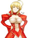  ahoge blonde_hair breasts cleavage dress dudufedu epaulettes fate/extra fate/stay_night fate_(series) green_eyes hair_ribbon hands_on_hips large_breasts looking_at_viewer ribbon saber_extra simple_background smile smug solo white_background 