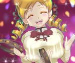  ^_^ blonde_hair blush bouncing_breasts bow breasts bust closed_eyes drill_hair eyes_closed instrument karakara large_breasts mahou_shoujo_madoka_magica puffy_sleeves school_uniform solo tambourine tomoe_mami twin_drills 