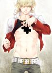  barnaby_brooks_jr belt blonde_hair green_eyes hair_over_one_eye jewelry male necklace nipples open_clothes open_shirt puzzle_piece red_jacket siruphial solo studded_belt tiger_&amp;_bunny 