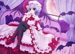  artist_request bed blue_hair hat moon night red_eyes remilia_scarlet short_hair thigh-highs touhou wings 