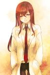  brown_hair hands_in_pockets highres labcoat legwear_under_shorts long_hair looking_at_viewer makise_kurisu necktie pantyhose purple_eyes shorts smile solo steins;gate tamachi_kuwa violet_eyes 