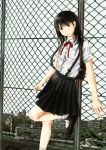  against_fence areduko backpack bag black_eyes black_hair cityscape fence highres long_hair original pleated_skirt randoseru rooftop school_uniform skirt solo standing_on_one_leg suspenders 