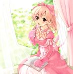  blonde_hair blush book brown_hair candy curtains dress gloves hair_ribbon irimo licking lollipop long_hair looking_at_viewer mabinogi pointy_ears ribbon solo stuffed_animal stuffed_toy tongue wind window 