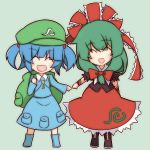  backpack bag blue_hair bow chibi dress frills front_ponytail green_hair hair_bobbles hair_bow hair_ornament hair_ribbon happy kagiyama_hina kawashiro_nitori key long_hair multiple_girls nosada open_mouth randoseru ribbon short_hair smile touhou twintails 