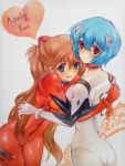  asuka_langley ayanami_rei blue_eyes blue_hair blush bodysuit brown_hair hair_ornament happy heart hug kamak kanna_irori long_hair looking_at_viewer looking_back marker_(medium) multiple_girls neon_genesis_evangelion orange_hair plugsuit red_eyes short_hair side smile soryu_asuka_langley souryuu_asuka_langley traditional_media yuri 